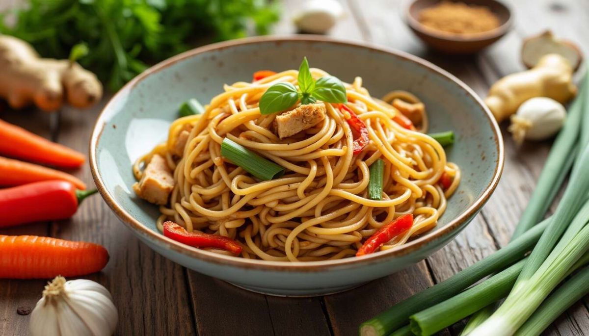 Une délicieuse escapade en Asie avec des nouilles au poulet et légumes