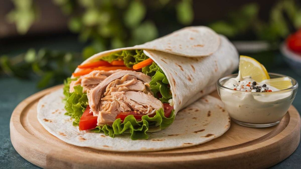 Un wrap de tortillas frais au poulet et crudités pour un repas express