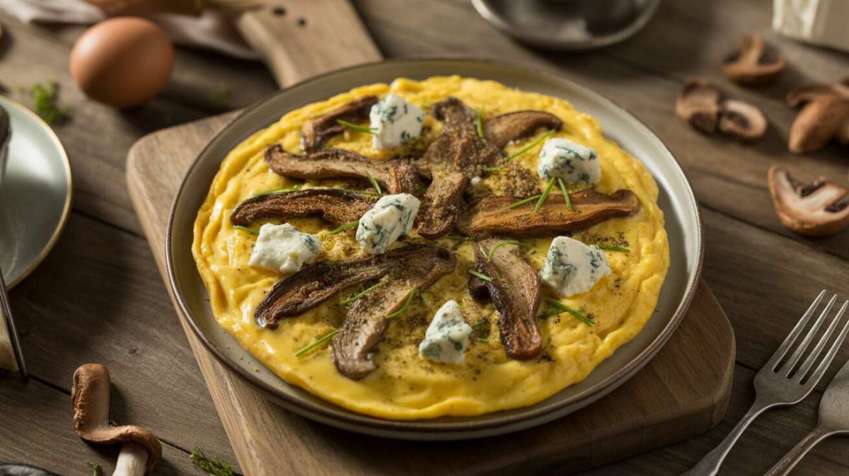 Une délicieuse omelette aux champignons des bois et bleu à savourer